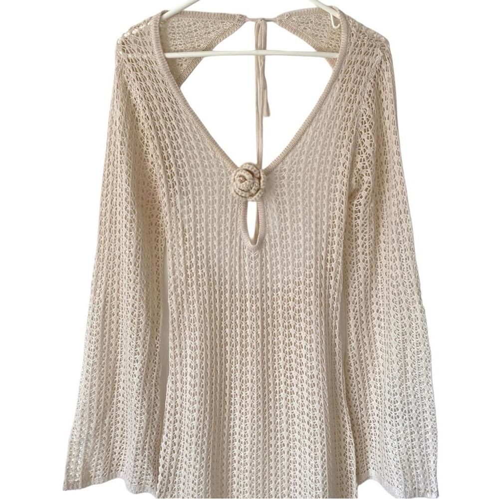 Cream Crochet Long Sheer Swimsuit Brach Coverup Dress size medium - Picture 2 of 6